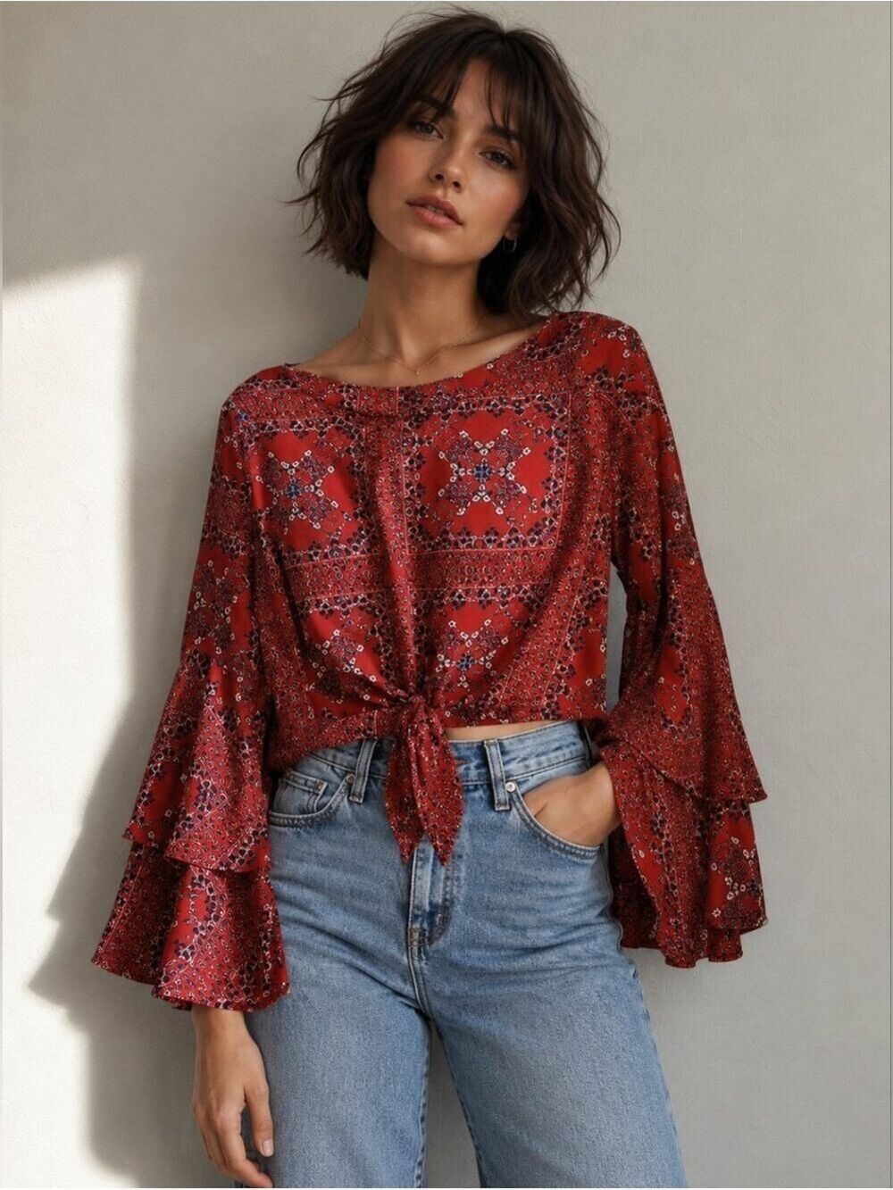 ALTAR'D STATE RUSTY RED STATEMENT SLEEVE FRONT TIE WESTERN CHIC BOHO TOP SMALL